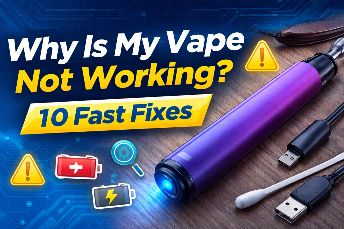Vape pen troubleshooting cover with simple icons for airflow, contact points, clog buildup, leak paths, and blink-cue checks.