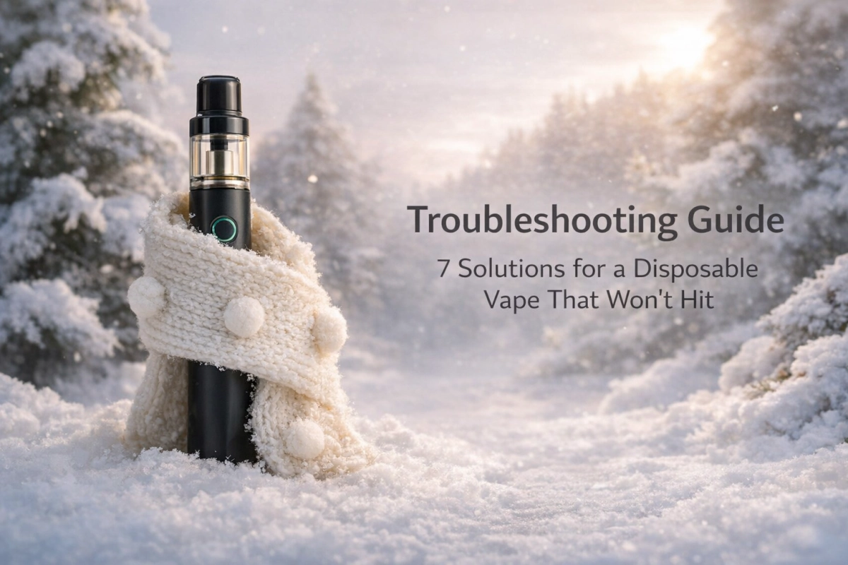 Disposable vape pen on a clean light background with a simple 7 step wont hit troubleshooting checklist