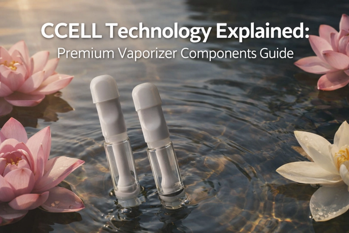 CCELL technology guide cover showing empty only 510 ceramic cartridge components—core, seals, and airflow path—laid out for inspection