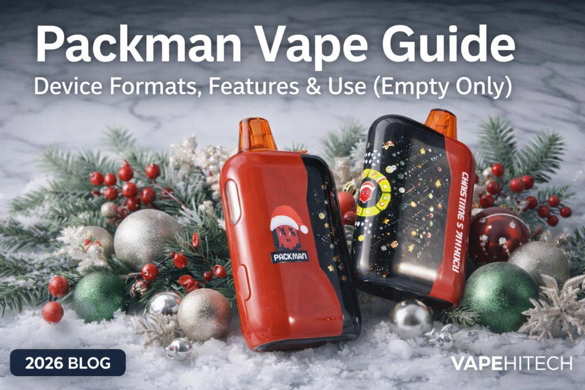 Packman vape devices laid out with labeled feature callouts for an empty-only guide.