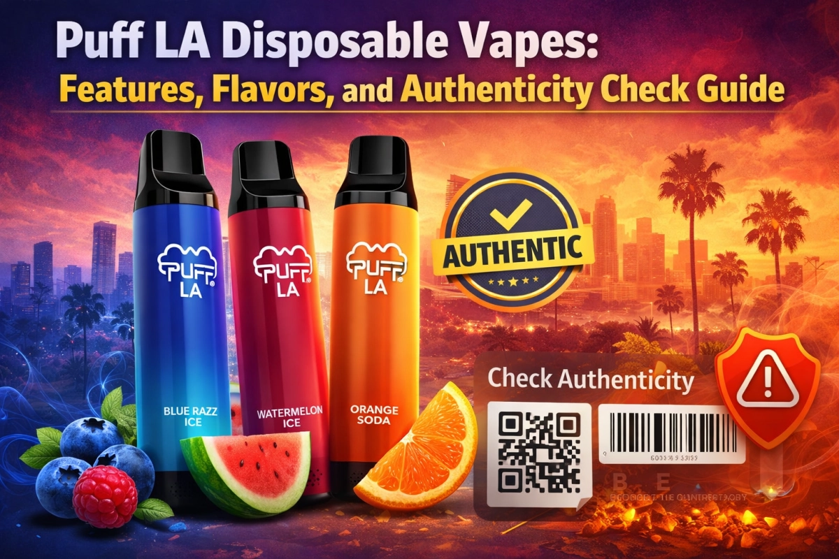 Puff LA disposable packaging close-up showing label fields and verification code area (empty only)