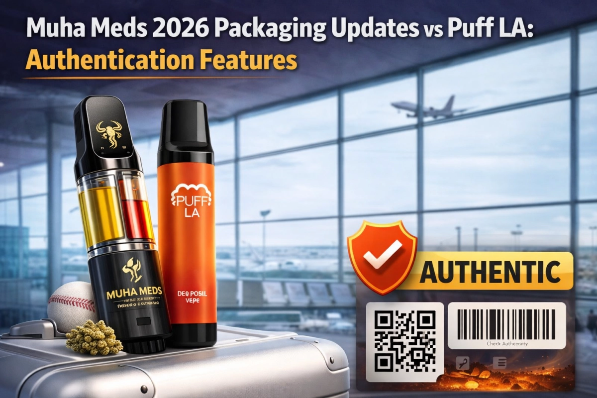 Empty only analysis of Muha Meds 2026 packaging authentication updates versus Puff LA security-code verification, with identifier map and receiving QC checklist.