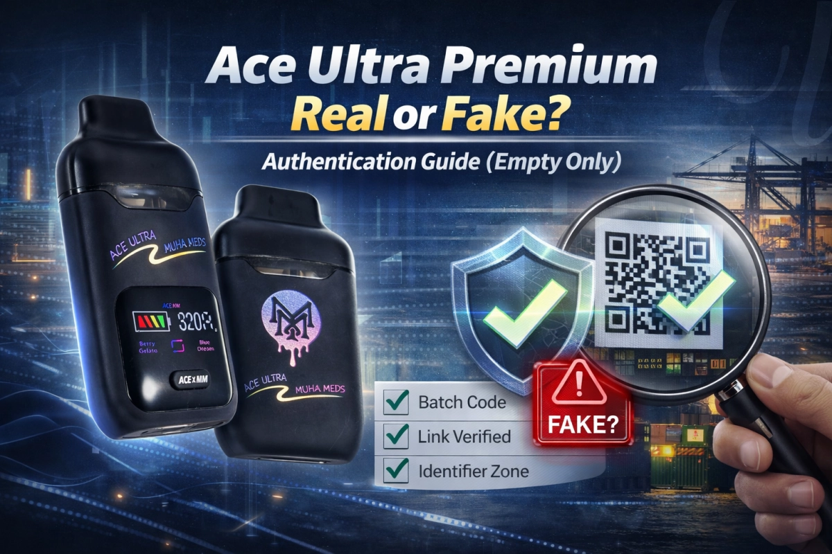 Ace Ultra Premium retail box close-up showing security label and QR/domain check steps (empty only)