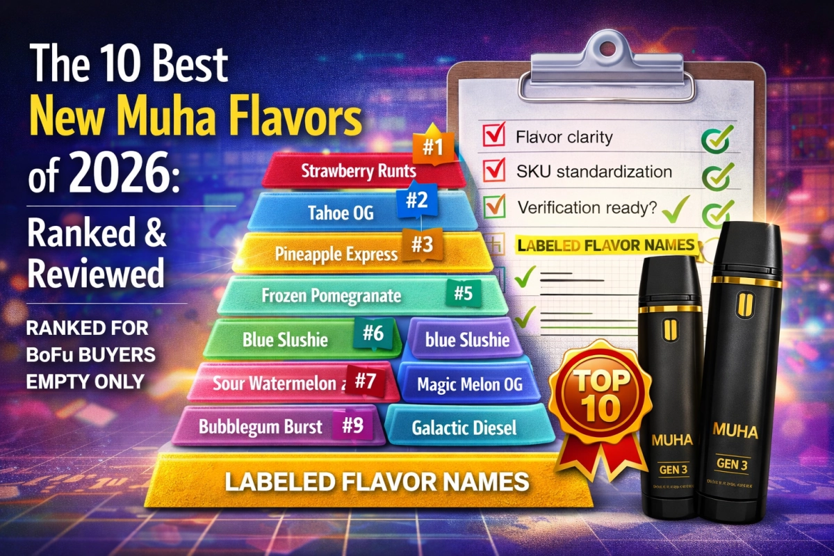 Top 10 new muha flavors 2026 ranking graphic showing label-set flavor names, SKU separation notes, and an empty only receiving checklist summary