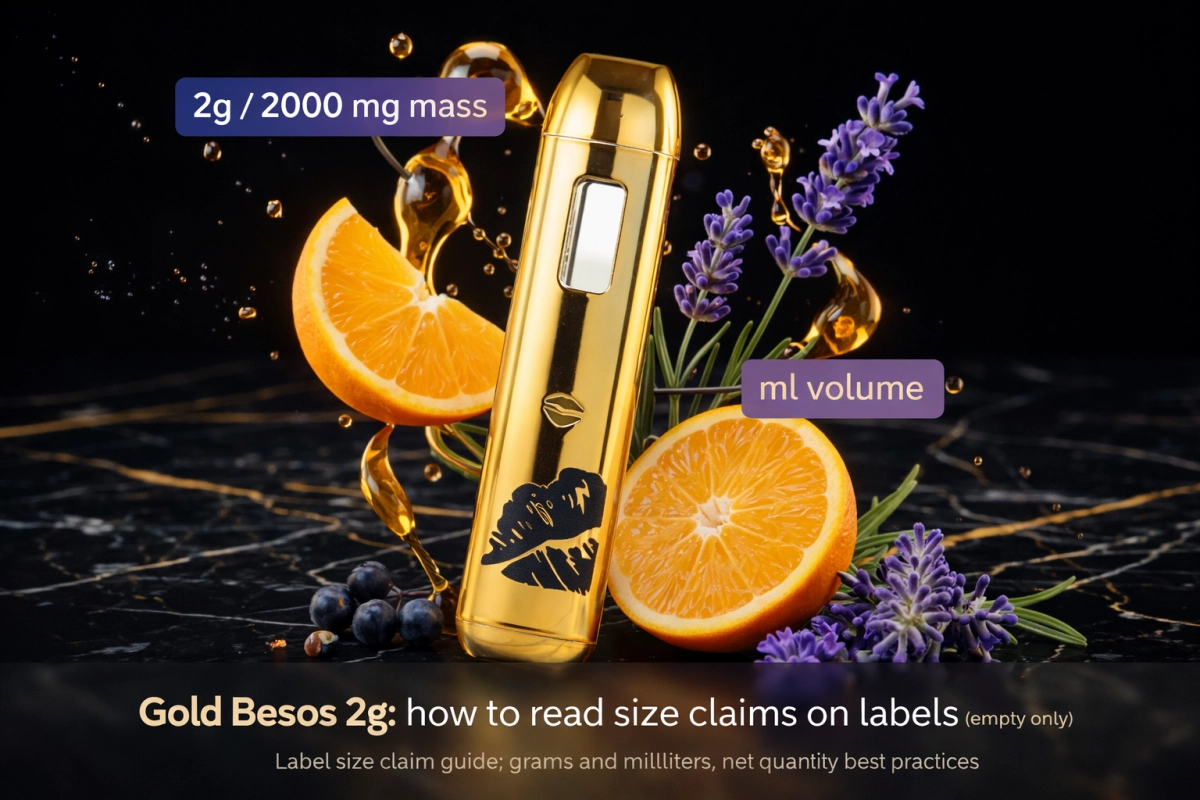 Empty only label/specs explainer for Gold Besos 2g: how to interpret “2g/2000mg” vs “mL” wording, what a net-quantity statement should look like, and what to document at receiving to spot mixed runs.