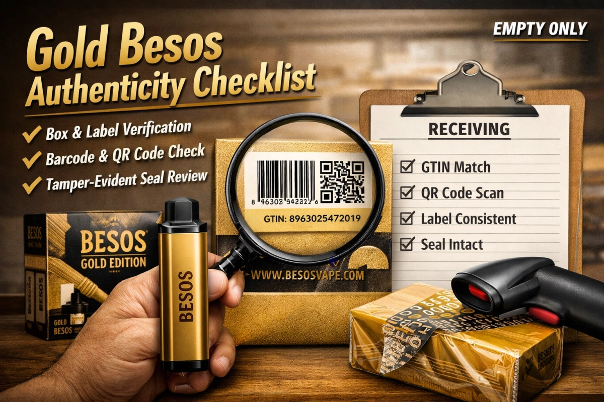 Gold Besos disposable authenticity checklist showing box panels, barcode/QR fields, and unit exterior markings (empty only)