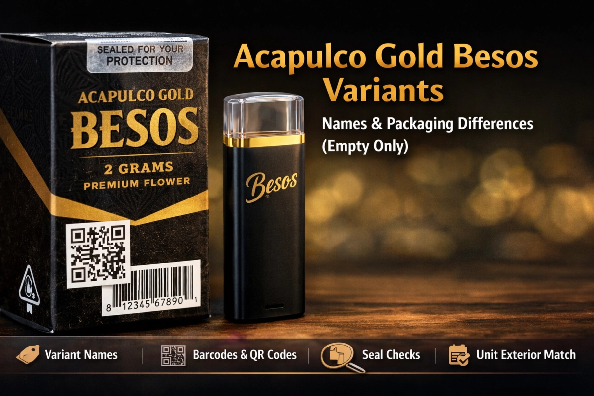 Acapulco Gold Besos empty only packaging comparison showing variant name placement, barcode area, and seal location on the box and unit exterior