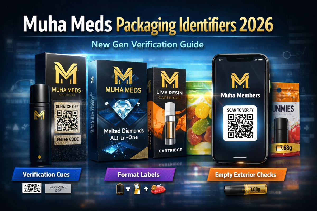 Muha Meds packaging identifiers 2026 guide showing new-gen verification cues, format labels, and empty only exterior wording