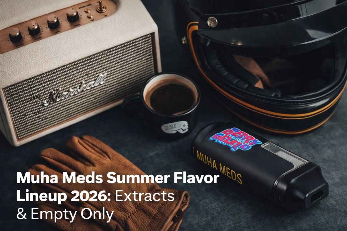 Muha Meds summer flavor lineup guide cover with fruit-forward names, extract families, and empty only all-in-one context