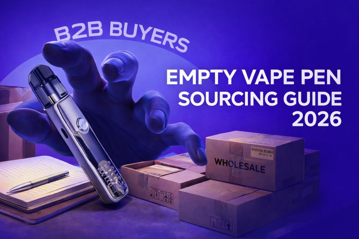B2B buyers reviewing empty only vape pen formats, MOQ notes, cartons, and stock-route options in a warehouse planning scene