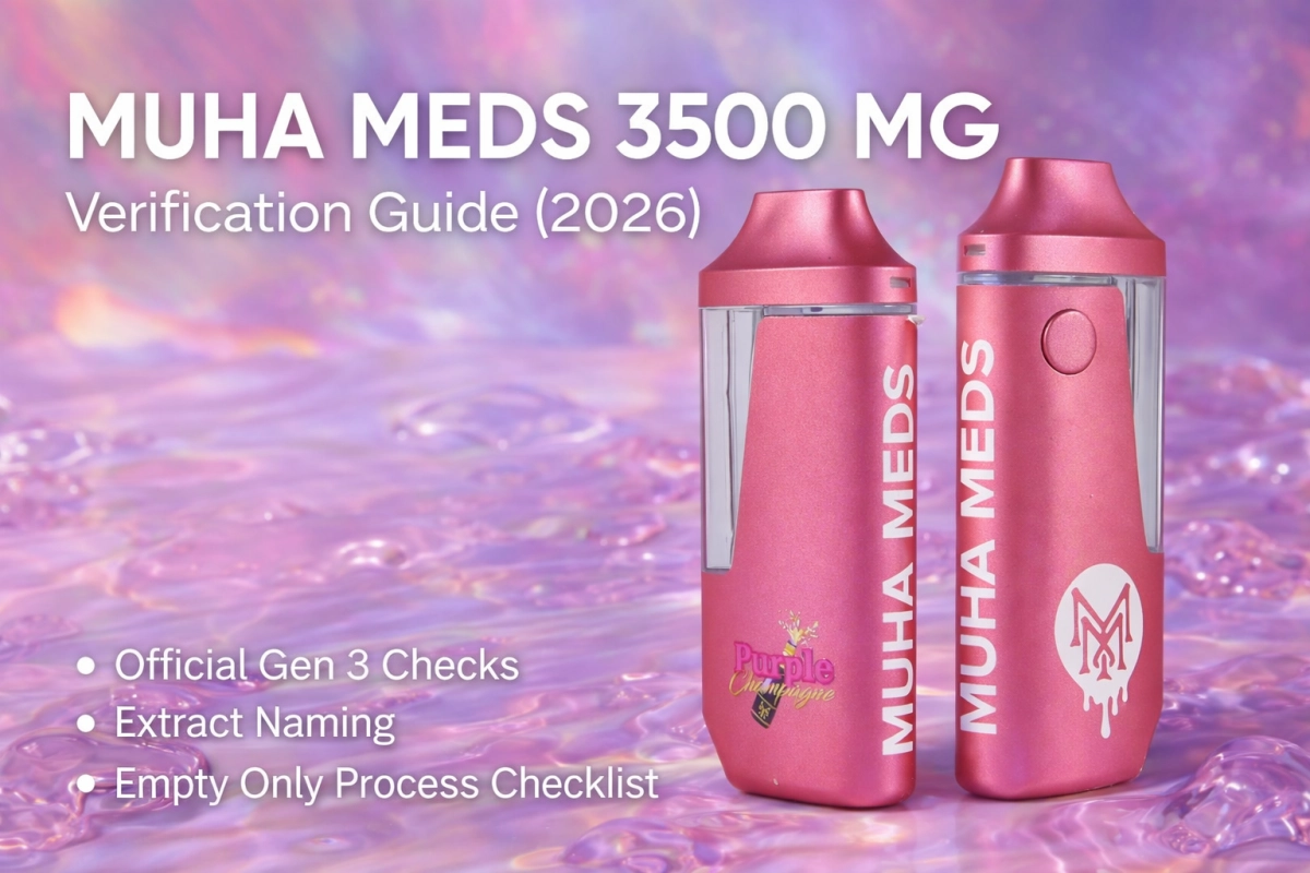 Muha Meds 3500 mg verification guide cover with Gen 3 checks, official extract-family labels, and empty only buyer checklist