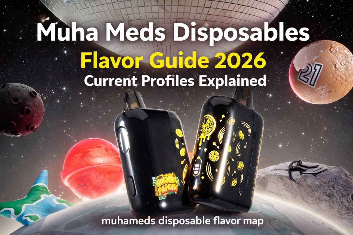 Muha Meds disposables flavor map 2026 cover showing current flavor families, named profiles, and official verification context