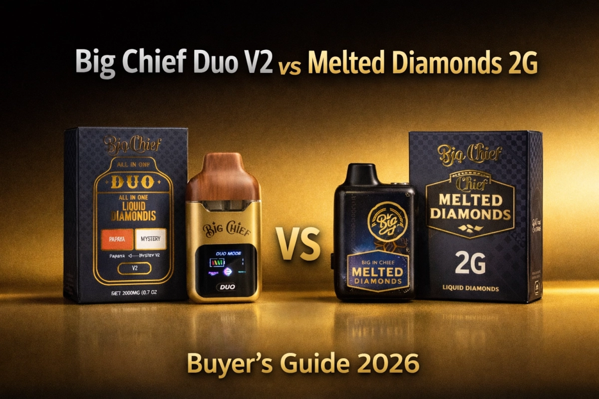 Big Chief dispo comparison cover showing Duo V2 and Melted Diamonds 2G with route labels, packaging cues, and buyer-fit notes