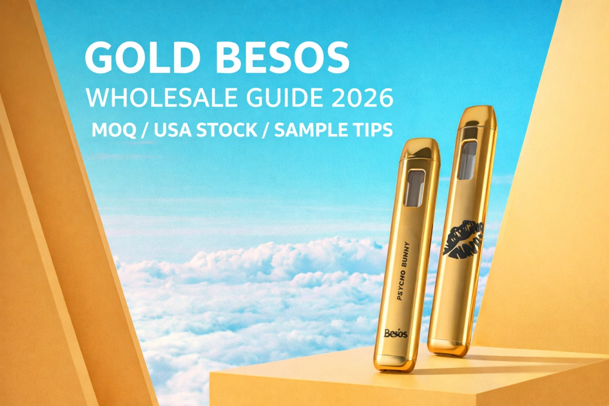 Gold Besos wholesale planning chart with MOQ tiers, USA stock routing, pricing notes, and sample-order checklist for empty only sourcing