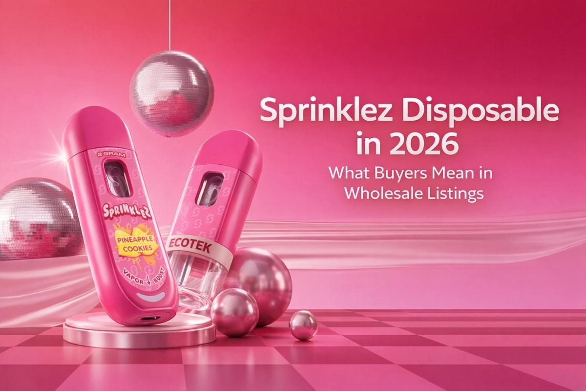 Sprinklez disposable in 2026 cover showing empty-only wholesale listing cues, pack wording, and screen-branch comparison