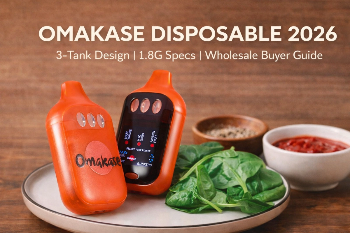 Omakase disposable empty-only guide cover showing a 3-chamber layout, 1.8 total spec map, and wholesale buyer checklist for 2026