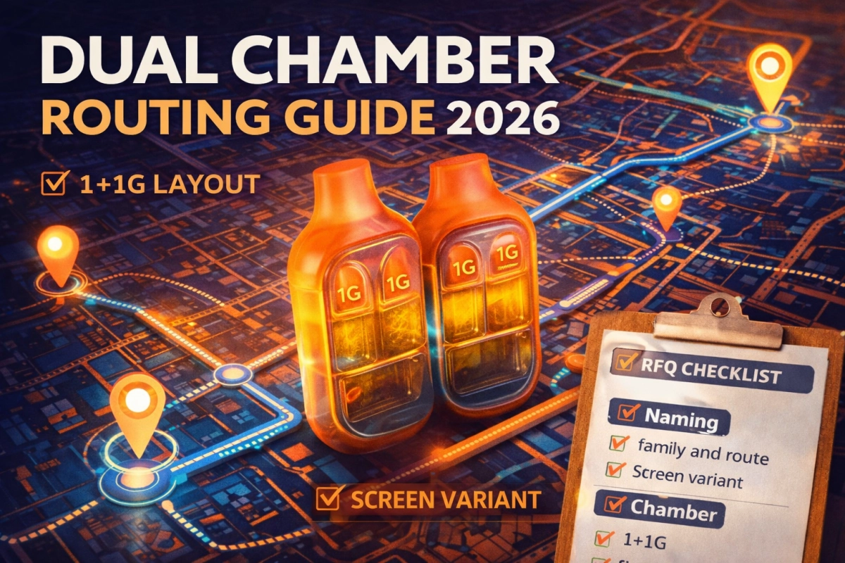 Muha Meds dual chamber empty-only cover showing 1+1G layout, screen-variant routing, and RFQ checklist cues for 2026