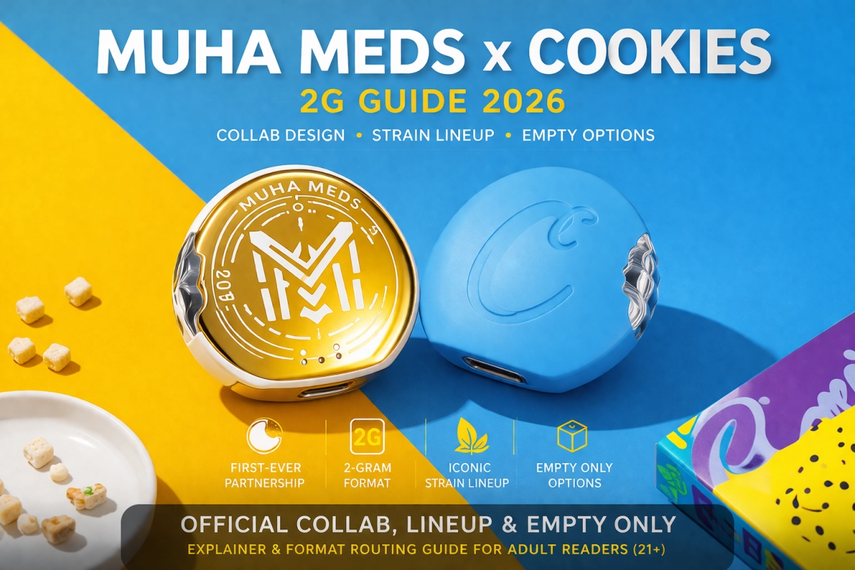 Muha Meds x Cookies 2026 cover showing the official 2G collab and named strain lineup, empty only