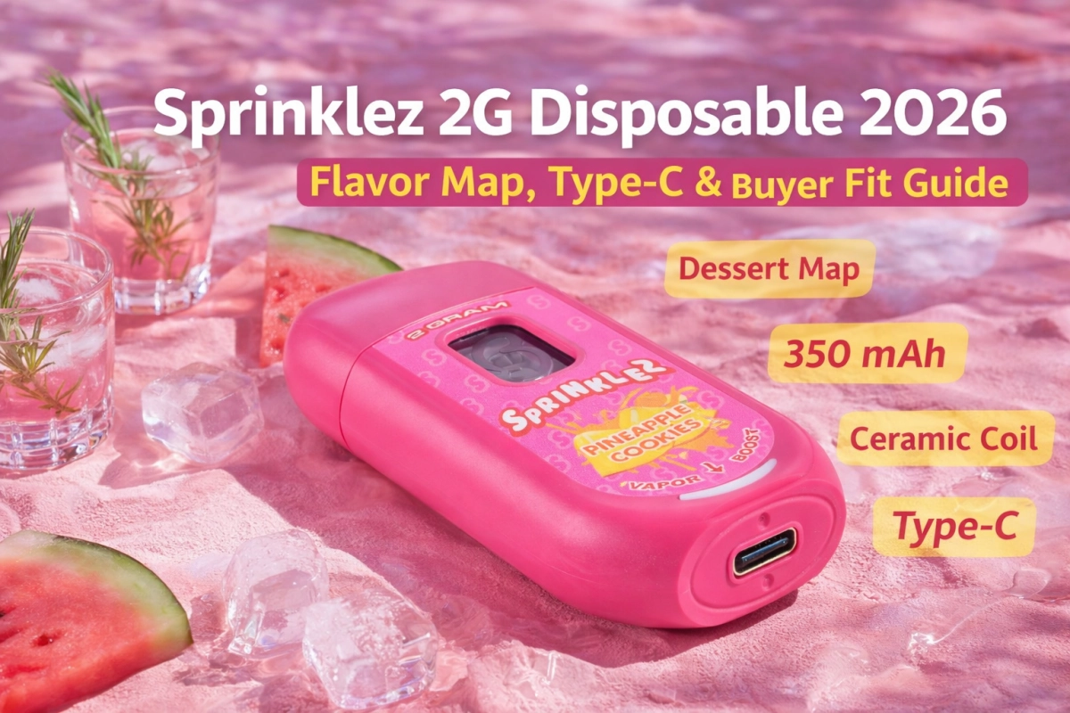 Sprinklez 2G disposable empty-only shell cover image with dessert flavor family labels, Type-C callouts, and current spec notes