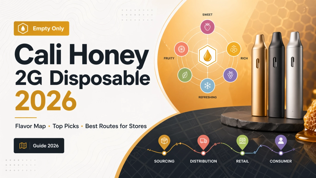 Cali Honey 2G Disposable 2026 cover showing flavor map, top picks, and store route options in an empty-only guide