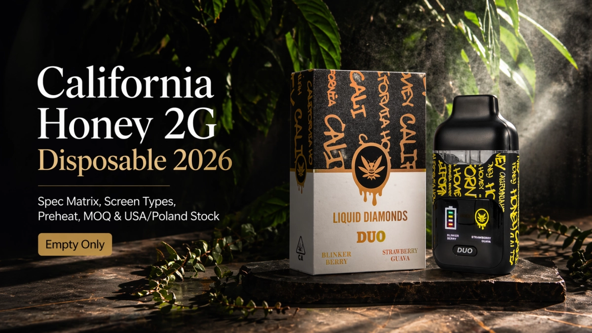 California Honey 2G disposable cover image showing a live SKU matrix with screen types, preheat, MOQ, and USA/Poland stock routes, empty only