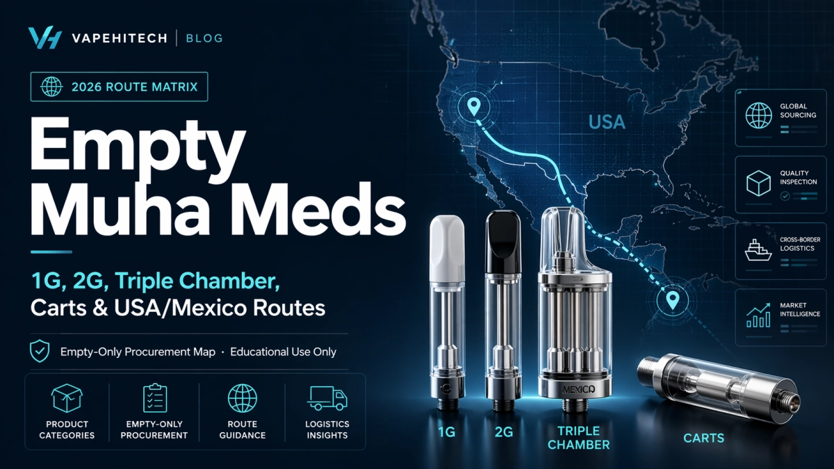 Empty Muha Meds cover image showing a 2026 route matrix for 1G, 2G, triple chamber, carts, and USA/Mexico stock, empty only