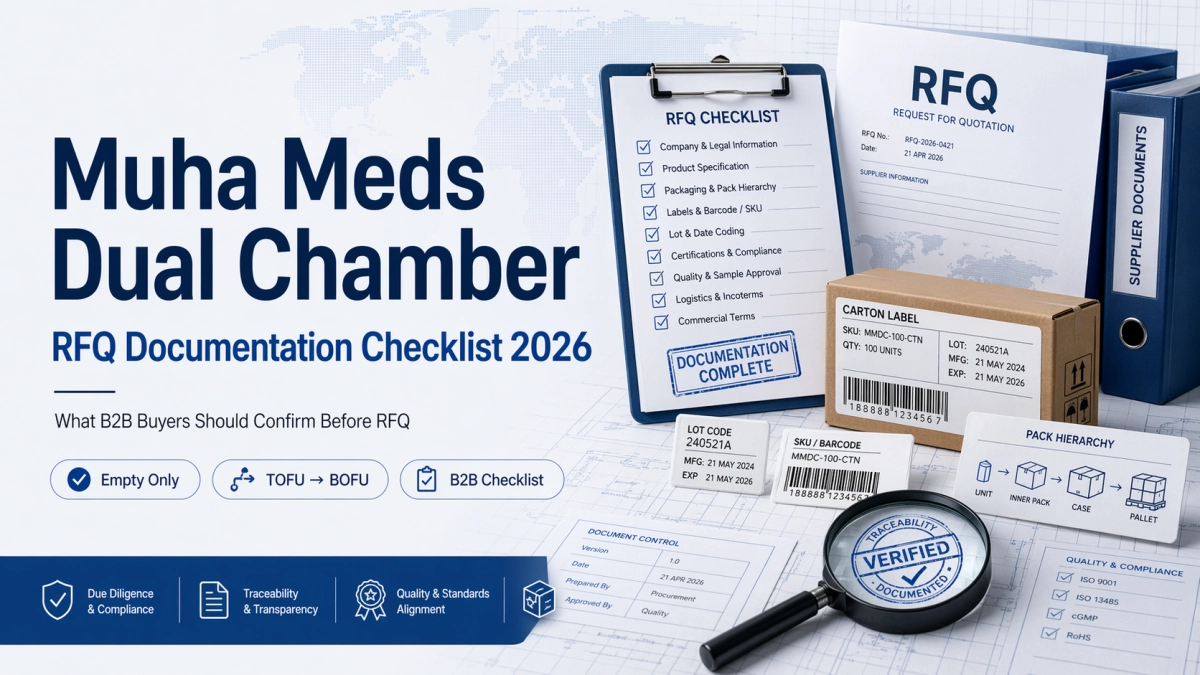 Muha Meds dual chamber empty only RFQ documentation checklist with pack records, identifier fields, and buyer approval notes