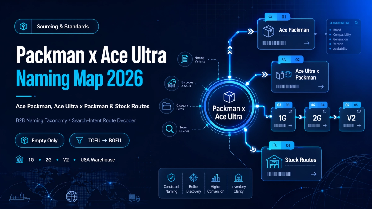 Packman x Ace Ultra naming map cover showing Ace Packman, 1G, 2G, V2, and stock route paths for B2B buyers