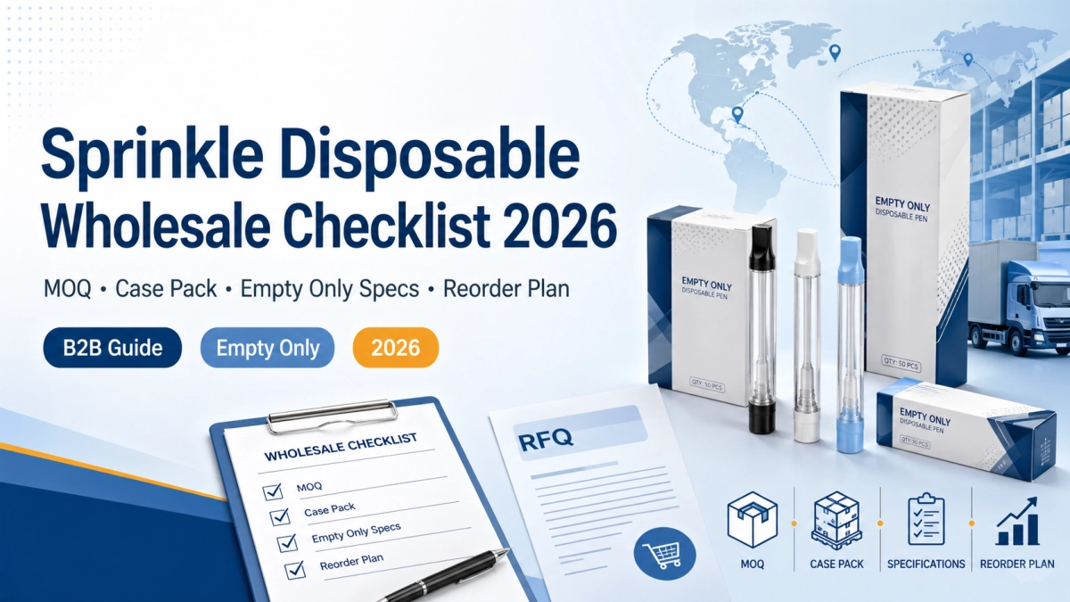 Sprinkle disposable wholesale checklist showing MOQ, case pack, empty only specs, RFQ notes, and reorder planning for 2026 B2B sourcing