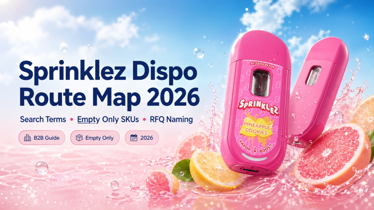 Sprinklez dispo route map cover showing search terms, empty only SKU fields, RFQ naming notes, stock route planning, and B2B sourcing records for 2026