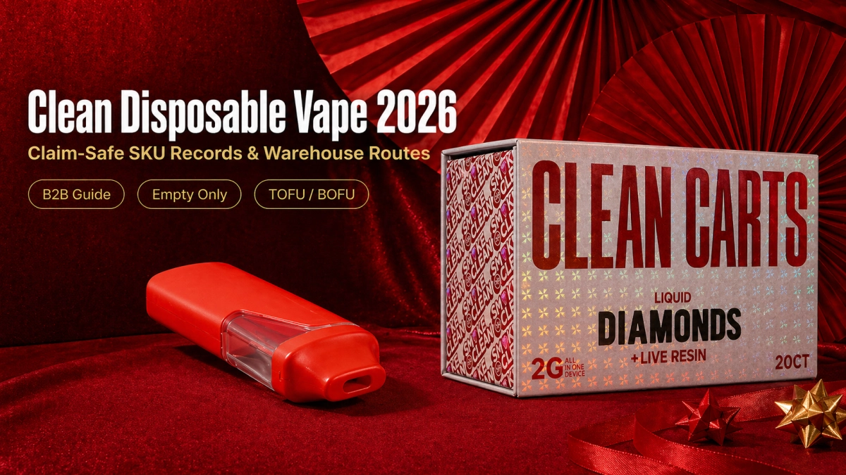 Clean disposable vape 2026 cover showing empty only SKU records, claim-safe wording, RFQ fields, and warehouse route planning