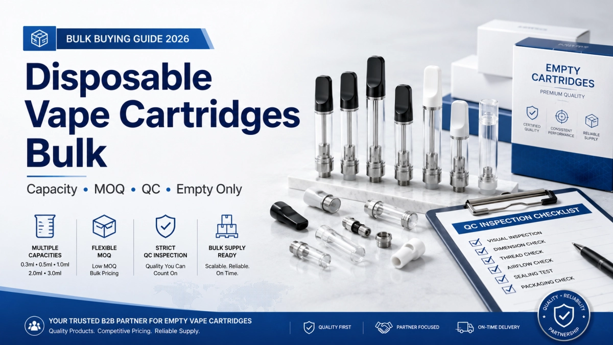 Empty disposable vape cartridges in bulk with capacity, MOQ, carton records, and QC checklist for B2B sourcing