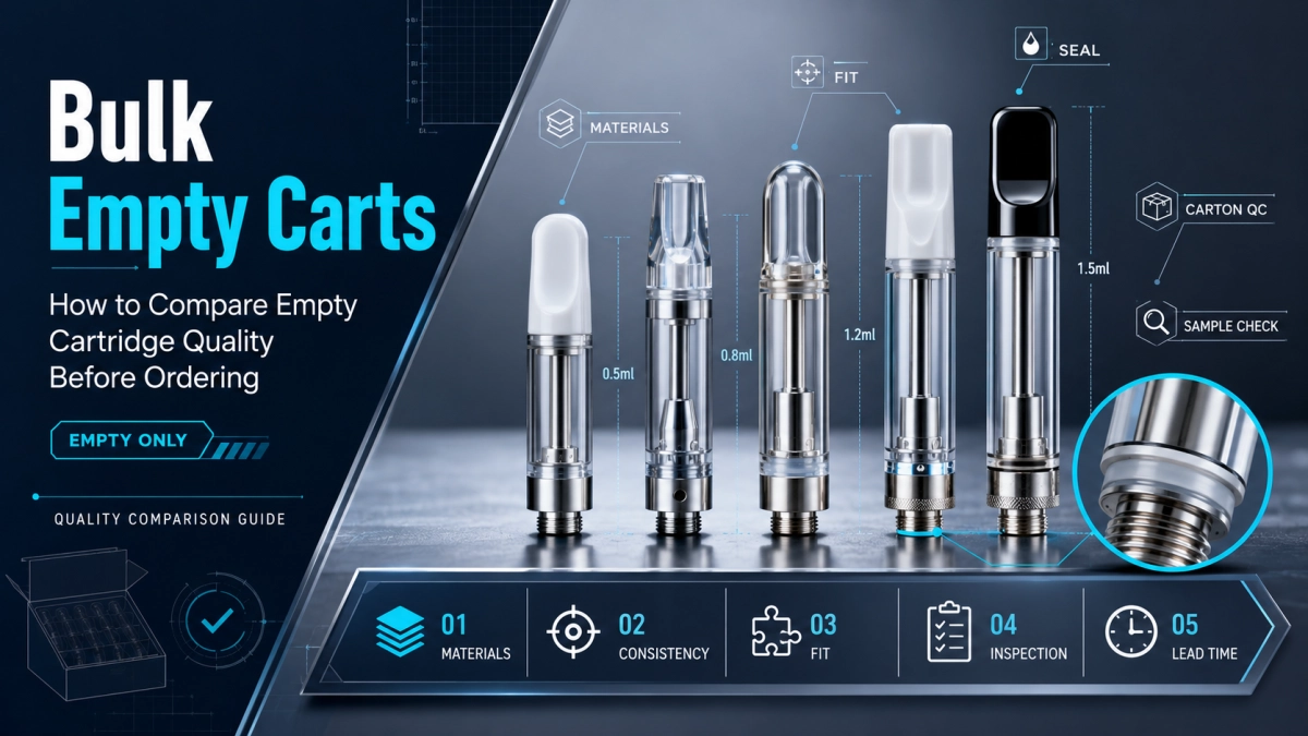 Bulk empty carts quality comparison cover with sample checks, inspection records, carton labels, and supplier documentation