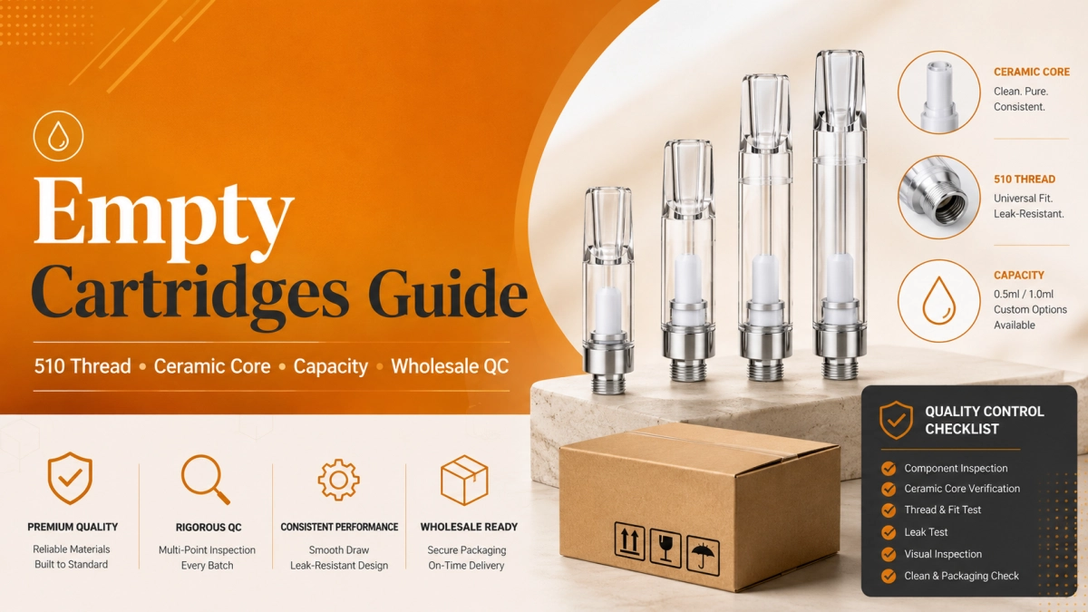 Empty only cartridge QC checklist with 510 thread, ceramic core, capacity records, and wholesale inspection documents