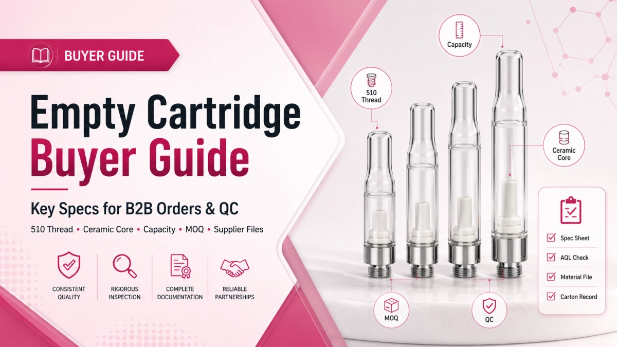 Cartridge empty buyer guide cover showing B2B spec checklist, 510 thread fit records, ceramic core route, MOQ planning, and QC documents