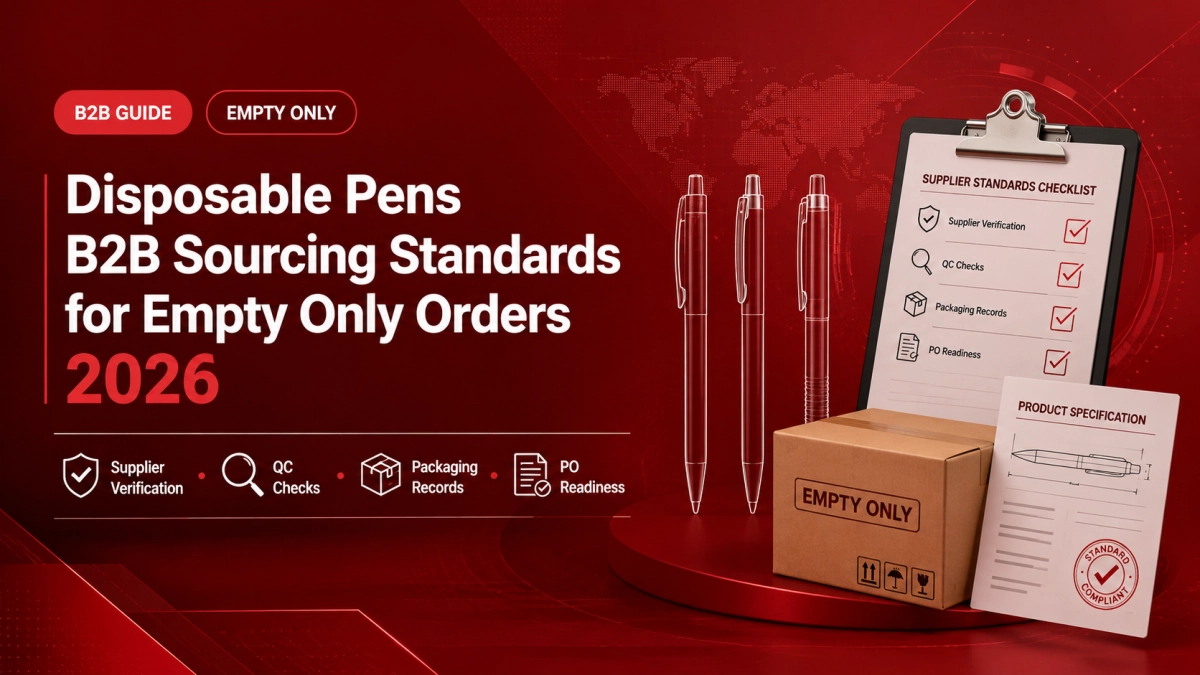 B2B buyer reviewing empty only disposable pens specs, QC records, carton files, and supplier documents