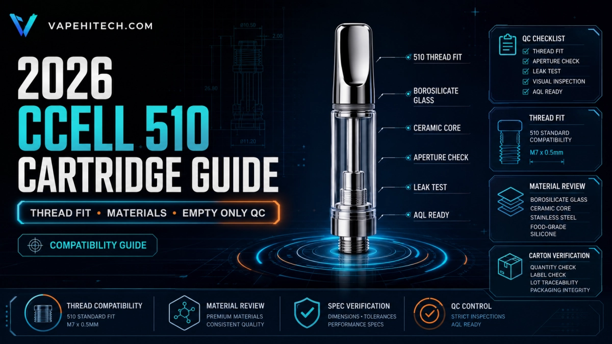 	2026 CCell 510 cartridge guide showing thread fit, material review, aperture inspection, ceramic core notes, leak checks, AQL records, and empty only QC