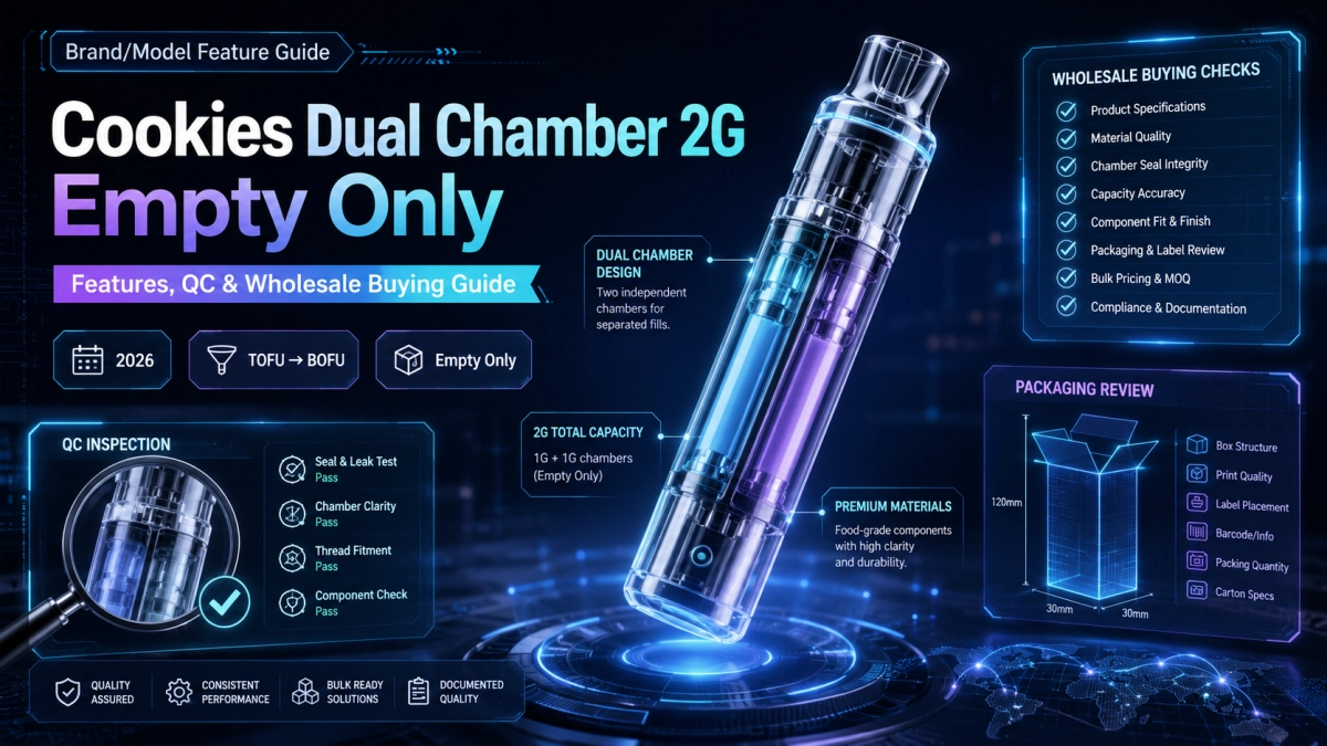 Cookies Dual Chamber 2G empty only wholesale QC guide with sample approval, packaging proof, carton inspection, and supplier review checklist