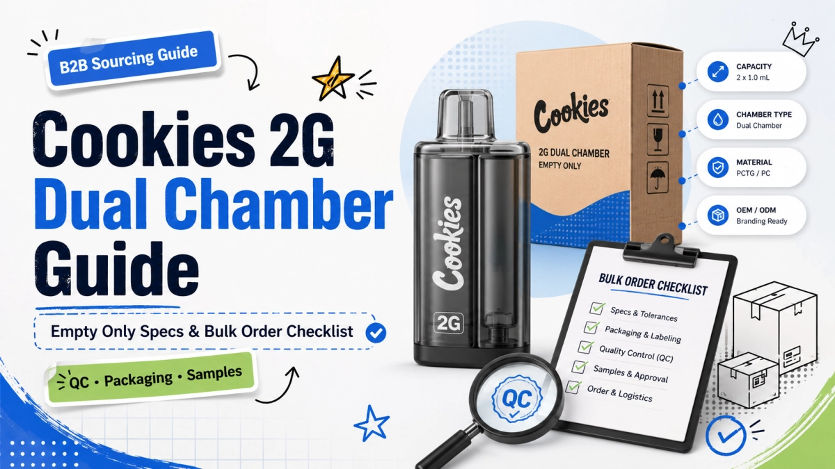 Cookies 2G Dual Chamber empty only sourcing guide with specs, AQL QC checklist, packaging proof, supplier review, and bulk order records