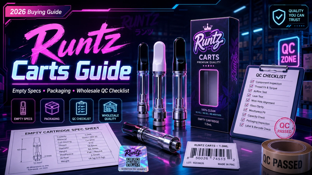 Runtz carts empty only sourcing guide cover with spec fields, packaging proof, supplier records, and wholesale QC checklist