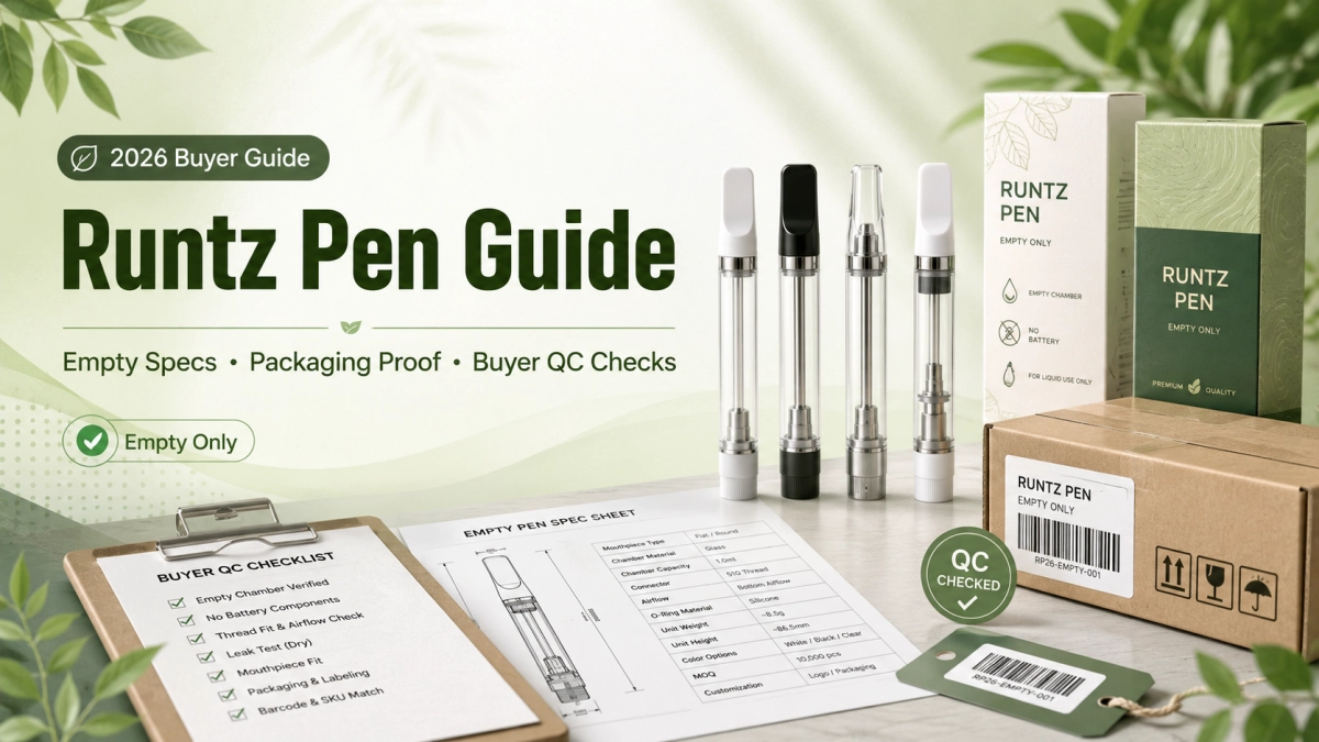 Runtz pen empty order checklist cover showing packaging proof, spec records, supplier files, and wholesale QC review