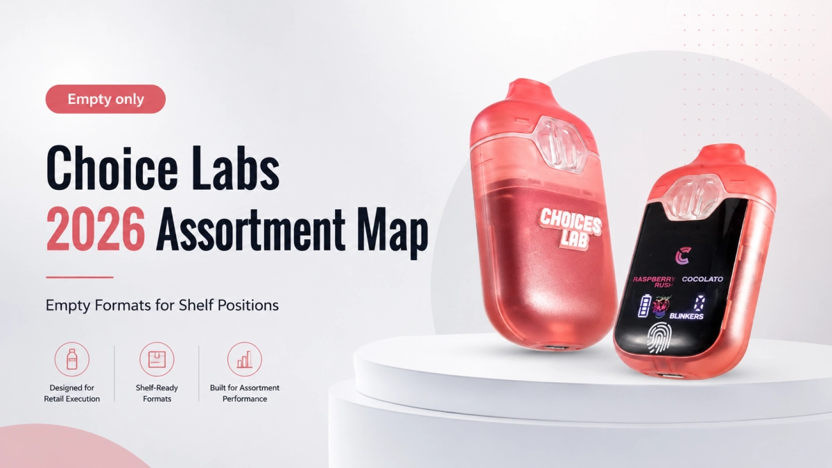 Choice Labs 2026 retail shelf map showing empty only format roles for core, 2ml, screen-led, and 2-in-1 positions