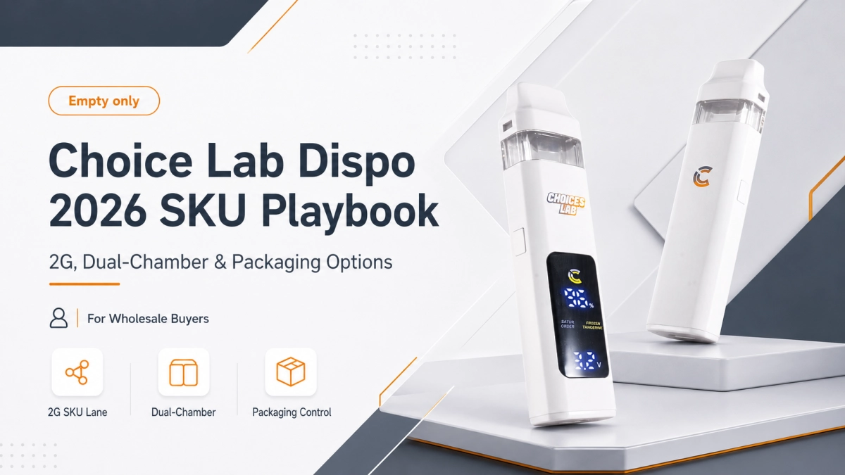 Choice Lab Dispo SKU planning cover with 2G, dual-chamber, packaging, carton records and empty only wholesale checklist