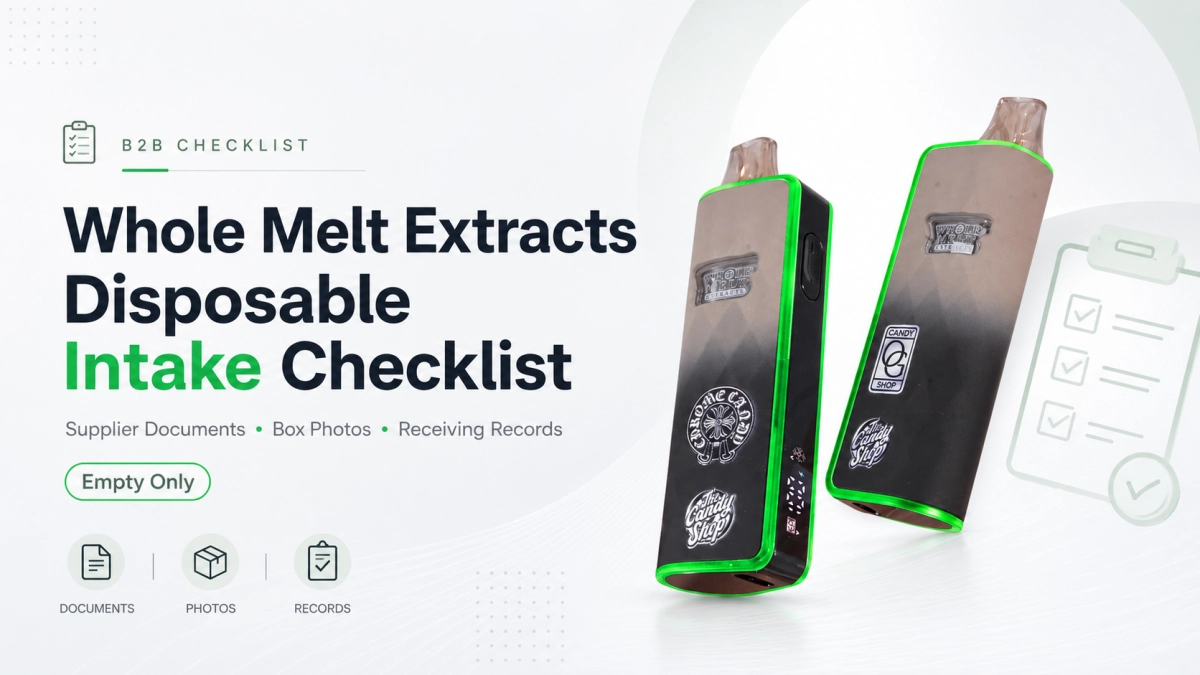 Whole Melt Extracts disposable receiving checklist with supplier docs, box photos, carton marks and empty only bulk records