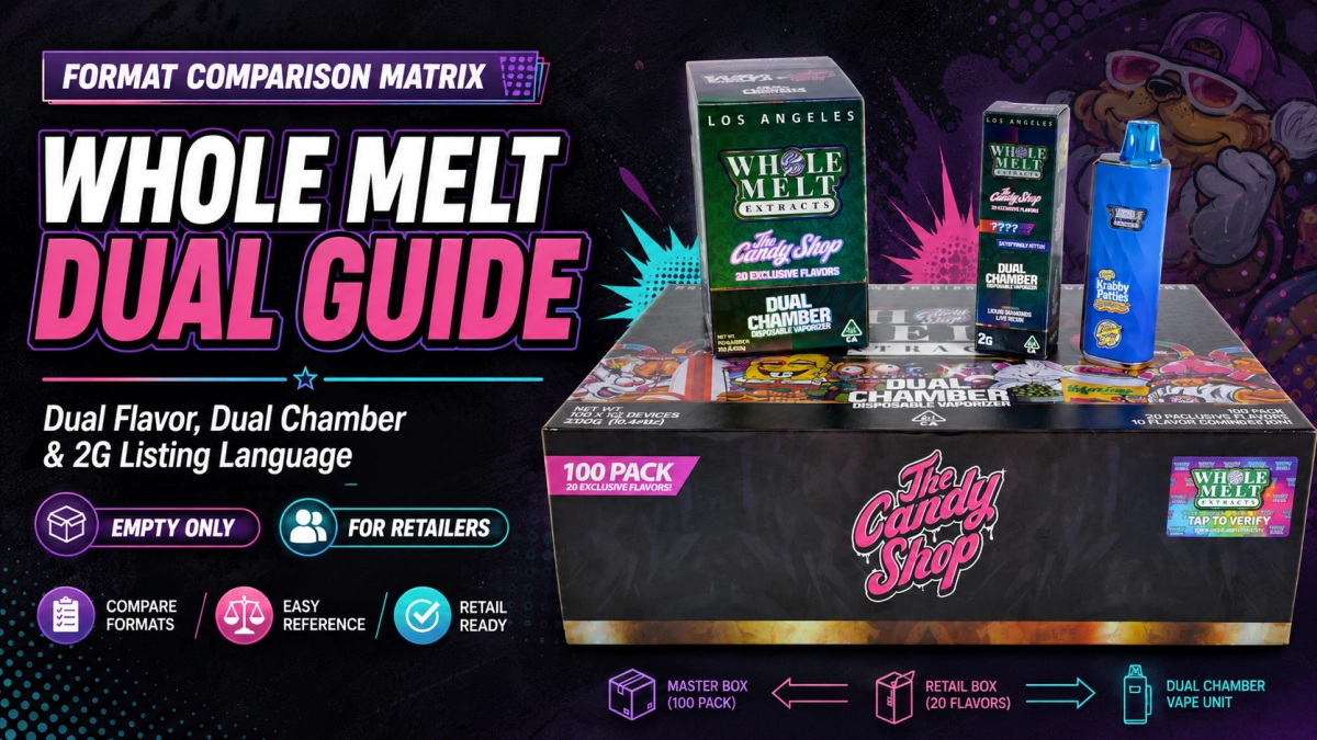 Whole Melt dual listing matrix showing dual chamber, dual flavor and 2G empty only retailer format checks
