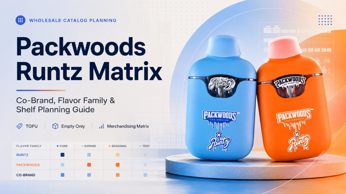 Packwoods Runtz empty only merchandising matrix for co-brand naming, flavor-family grouping and wholesale shelf segmentation