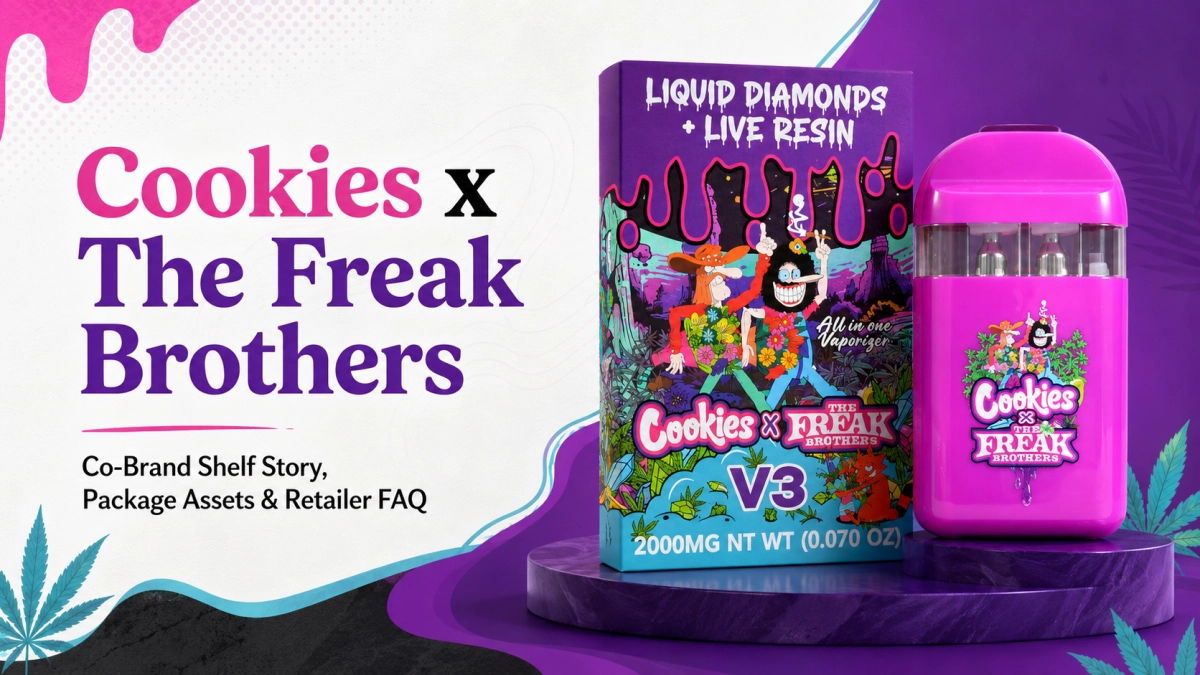 Cookies x The Freak Brothers co-brand package assets and retailer FAQ brief for empty only catalog planning