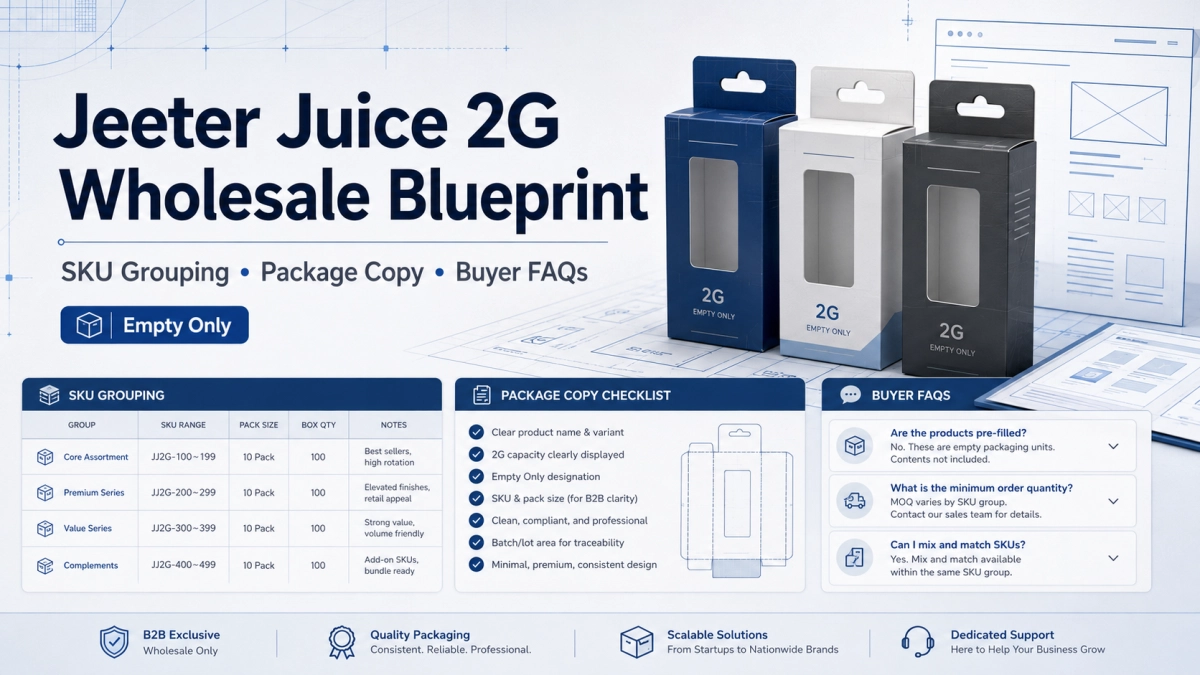 Jeeter Juice 2G wholesale blueprint showing SKU grouping, package copy planning and buyer FAQ sections
