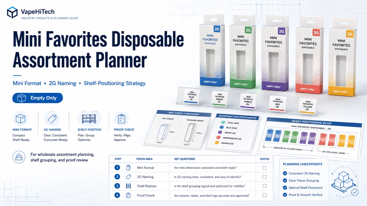 Mini Favorites Disposable assortment planner showing mini format, 2G naming strategy and shelf-positioning checklist