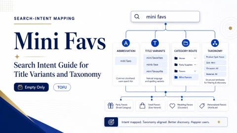 Mini Favs search intent map with abbreviation mapping, title variant rules, internal taxonomy cleanup, and empty only category routing